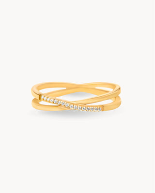 Anillo dorado de doble banda cruzada con zircones en un lado, waterproof de Pialü