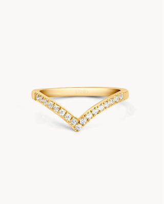 Anillo dorado en forma de V con fila de zircones blancos brillantes, waterproof Pialü
