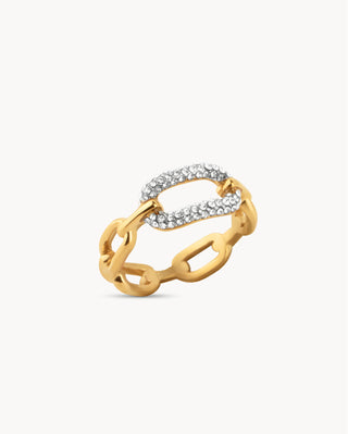 Anillo cadena dorado con eslabón central pavé de circones blancos, waterproof de Pialü