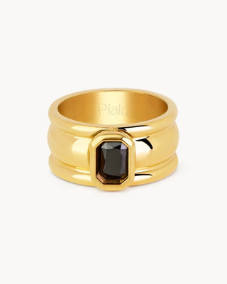 Anillo dorado ancho chevalier con zircón negro engastado waterproof de Pialü