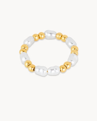 Anillo elástico dorado con perlas barrocas blancas y esferas doradas alternadas waterproof de Pialü