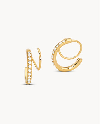 Argollas dobles doradas con zircones blancos en espiral, efecto doble piercing, joya waterproof de Pialü