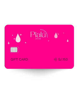 Tarjeta de regalo digital Pialü fondo fucsia con valor S/.150 para joyas waterproof de acero inoxidable