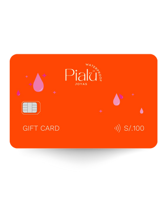 Tarjeta de regalo digital Pialü en fondo naranja con valor de S/.100 para joyas waterproof