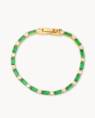Pulsera tennis dorada con circones verdes esmeralda y blancos alternados, waterproof Pialü