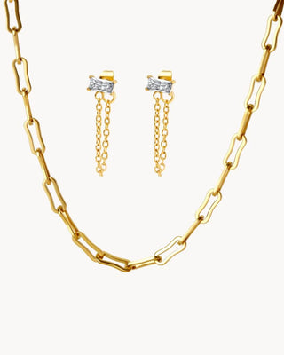 Pack collar dorado eslabones rectangulares y aretes cristal colgantes, waterproof Pialü
