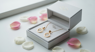 Caja de regalo con joyas doradas y petalos de rosa - Dia de la Madre