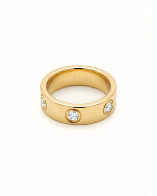 Anillo dorado ancho con zircones blancos embutidos estilo vintage waterproof de Pialü