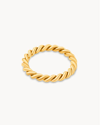 Anillo dorado trenzado grueso con textura helicoidal, waterproof de Pialü