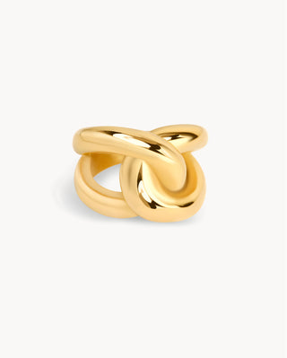 Anillo dorado forma de doble nudo entrelazado volumétrico, waterproof de Pialü