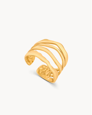 Anillo dorado ajustable con tres bandas onduladas, joya waterproof de Pialü