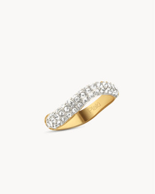Anillo banda dorada cubierta de circones blancos en dos filas, joya waterproof de Pialü