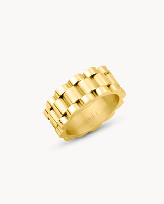 Anillo dorado ancho estilo correa de reloj con eslabones rectangulares, joya waterproof de Pialü