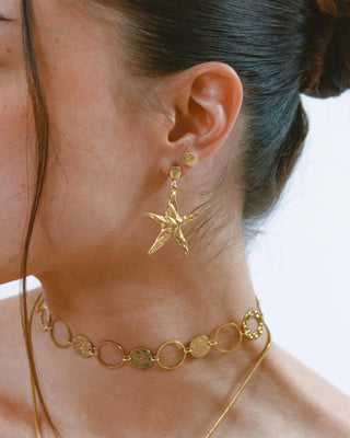 Par de aretes asimétricos dorados celestiales, waterproof de Pialü
