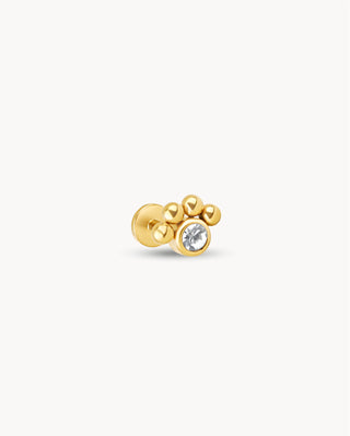 Arete dorado con tres esferas y circonita central en diseño floral compacto, joya waterproof de Pialü
