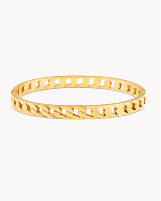 Brazalete dorado rígido con textura de relieve espiga y cierre clic, joya waterproof Pialü