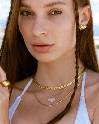 Collar cadena plana dorada Fancy en cuello de modelo, joya waterproof de Pialü