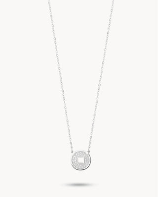 Collar cadena plateada con dije moneda redonda y zircones, joya waterproof de Pialü