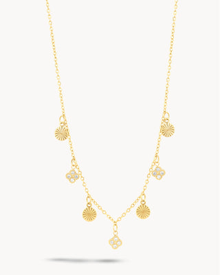 Collar cadena dorada con dijes de sol y tréboles de zircones alternados, waterproof Pialü