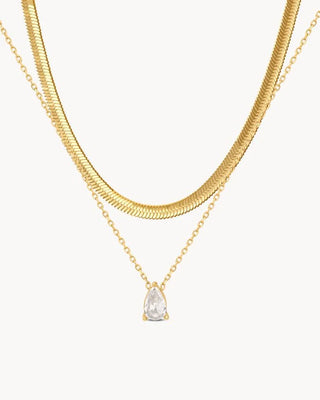 Set dos collares dorados Beach: cadena herringbone y collar con zircón gota, waterproof de Pialü