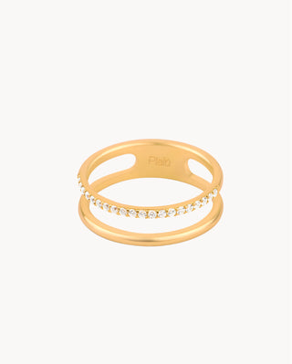 Anillo doble banda dorado con fila de zircones blancos brillantes, waterproof de Pialü