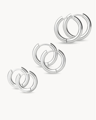 Set de tres pares de argollas plateadas clásicas lisas waterproof de Pialü
