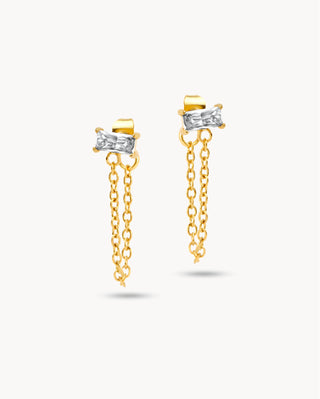 Pendientes con piedra blanca baguette y cadena colgante dorada, waterproof Pialü
