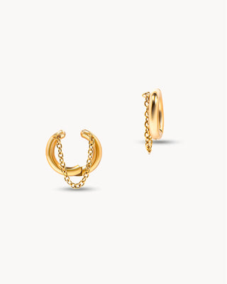 Earcuff dorado ajustable con cadena colgante y zircones, joya waterproof de Pialü