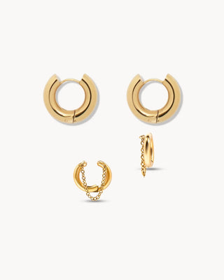 Set dorado con argollas gruesas y earcuff con cadena, joya waterproof de Pialü