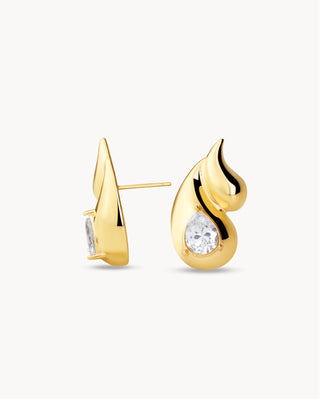 Aretes dorados en forma de llama o lágrima con zircón blanco engastado, joya waterproof de Pialü