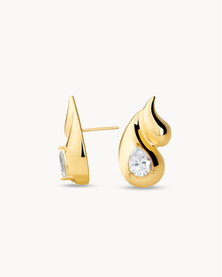 Aretes dorados en forma de llama o lágrima con zircón blanco engastado, joya waterproof de Pialü