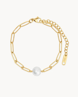 Pulsera dorada paper clip con perla barroca blanca, joya waterproof de Pialü