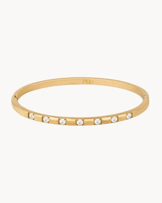 Pulsera sólida dorada con zircones blancos incrustados y logo Pialü, joya waterproof de Pialü