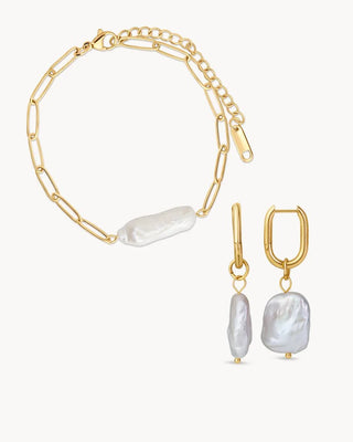 Pack pulsera dorada eslabones con perla barroca y aretes perla dorados, waterproof Pialü
