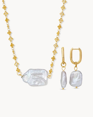 Set collar dorado cadena con perla barroca y aretes perla dorados, waterproof Pialü