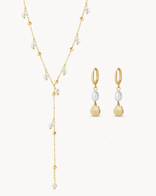 Pack collar Y dorado con perlas colgantes y aretes aro concha dorada perla, waterproof Pialü