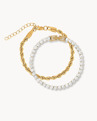 Set Reina del Mar pulsera trenzada dorada y tenis de zircones blancos, waterproof de Pialü
